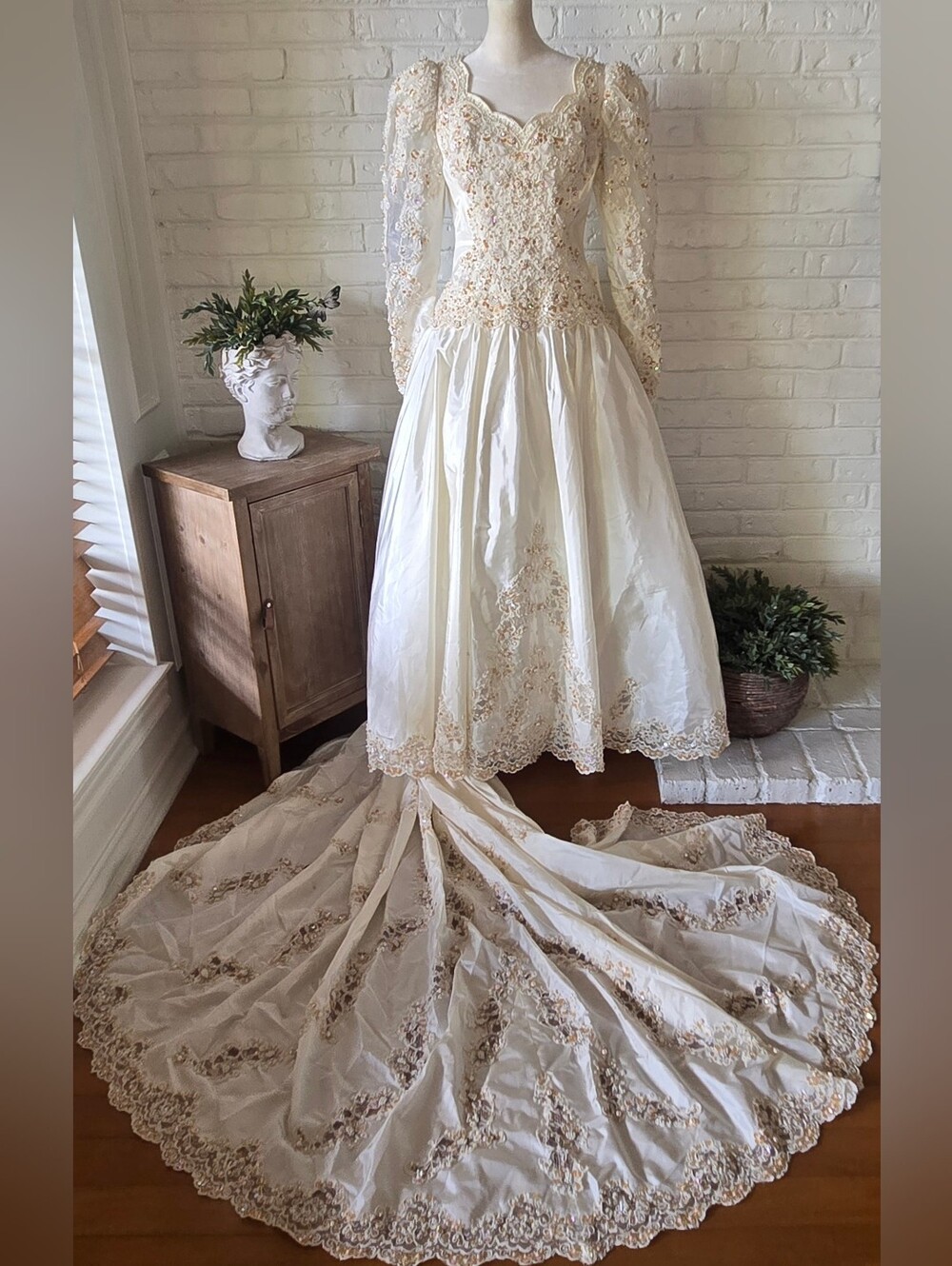 Vtg 80s 90s Beaded Wedding Gown, Ivory, Satin, 4/S